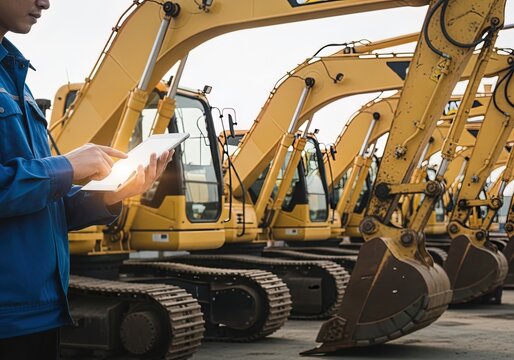 Engineer using tablet with excavators in background construction technology heavy equipment industry site worker digital machine