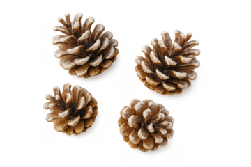 Group of four natural pinecones with white frosting on their scales, providing natural texture and rustic charm for holiday themes