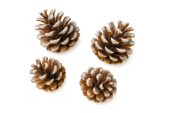 Group of four natural pinecones with white frosting on their scales, providing natural texture and rustic charm for holiday themes