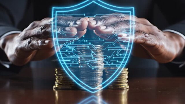 Financial Security and Protection - The video shows stacks of gold coins being protected by hands and a digital shield.