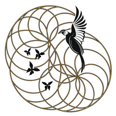 Elegant black bird and butterflies in flight within a golden geometric circular mandala pattern symbolizing nature and harmony vector illustration of a bird