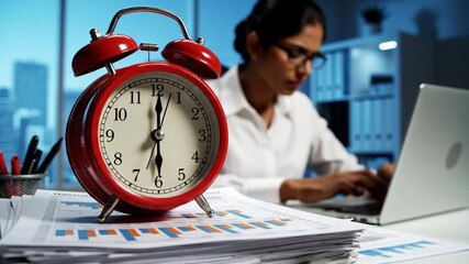 Deadline Pressure: Working Late at the Office - A red alarm clock showing 6:00 sits on a stack of reports in front of a woman working on her laptop in an office setting. - Powered by Adobe