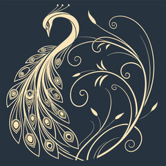 Elegant stylized golden peacock with intricate feather details and swirling floral vine motifs against a dark navy blue vector illustration of an abstract background