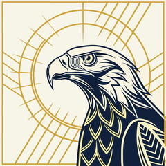 Stylized eagle head with golden sun rays and art deco geometric border eagle head vector illustration