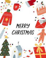 Merry christmas festive card with hand drawn holiday elements. Vector cartoon illustration for print.
