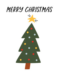 Simple hand-drawn christmas tree greeting card. Vector cartoon illustration for print.