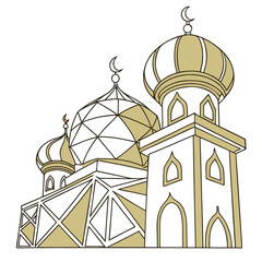 Stylized islamic mosque architecture with golden domes and minarets against a white background simple line art