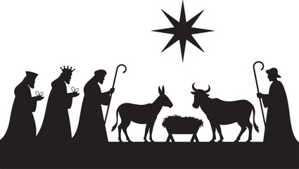 Christmas nativity scene silhouette set. Vector illustration of Biblical characters including three wise men shepherd and holy family