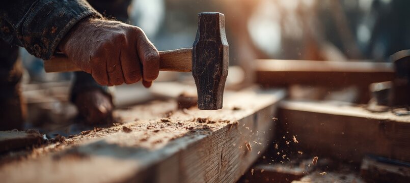 Carpenter Hammering Timber Frame at Outdoor Construction Site in Cinematic Detail - Powered by Adobe