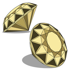 Two faceted yellow diamonds with clean lines and shadows on  symbolizing wealth and luxury diamond on white background