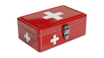 Red Metal First Aid Kit Box with White Cross Symbol on White Background medical box emergency kit isolated on a transparent background