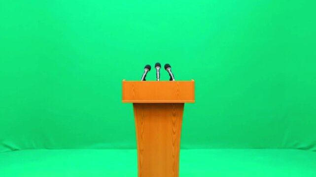 Video, a podium with a microphone and green background for events, announcements, video assets,