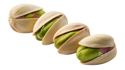 Row of Four Pistachios in Shell with Vibrant Green Kernels on White Background nuts snack isolated on a transparent background