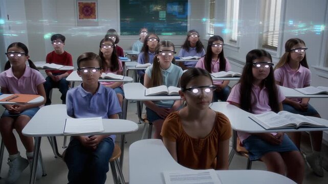 A classroom filled with students using augmented human technology to enhance their learning experience. Each student wears special glasses that connect to neural link systems - Powered by Adobe