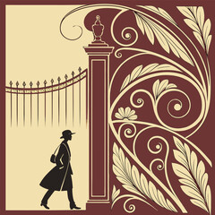 Elegant silhouette of a woman in a hat and coat walking past a decorative gate and ornate floral scrollwork in a vintage art deco style