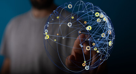 A person's hand interacting with a digital sphere representing a global network, highlighting concepts of communication, technology,