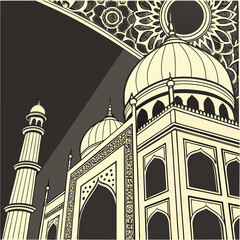 Stylized illustration of the iconic taj mahal mausoleum with intricate floral patterns and minarets against a dark abstract background