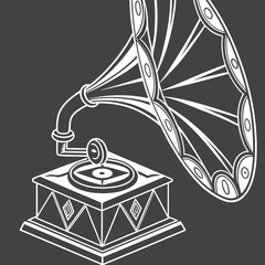 Stylized white line art illustration of an antique gramophone with a large horn and ornate base on a dark gray background