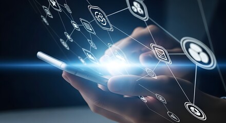 Close up of a hand interacting with a futuristic holographic interface displaying digital data and network connections