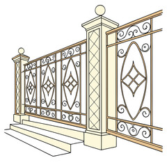 Elegant wrought iron fence with decorative diamond shapes and ornate scrollwork featuring stone pillars and steps leading up to the entrance
