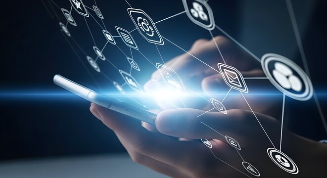 Close up of a hand interacting with a futuristic holographic interface displaying digital data and network connections