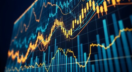 Abstract digital financial stock market chart with candlestick bars and line graph data visualization