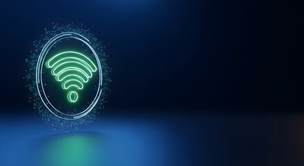 Glowing neon green wifi symbol emitting light within an oval frame on a dark blue background
