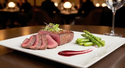 A beautifully plated medium-rare steak with asparagus and a red sauce drizzle in a restaurant setting.