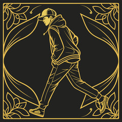 Stylish young man in a hoodie and baseball cap walking confidently with hands in pockets framed by decorative golden floral elements on a black background