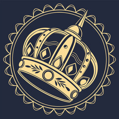 Elegant golden crown emblem with intricate details and a decorative scalloped border on a dark blue  symbolizing royalty and power vector illustration of an abstract background