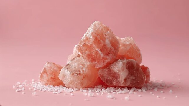 pink himalaya salt stones isolated on pink background. camera rotating around