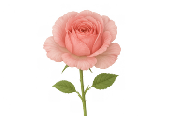 Pink rose flower with green stem and leaves, representing love, romance, nature, and beauty, transparent background