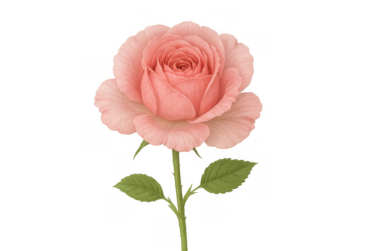 Pink rose flower with green stem and leaves, representing love, romance, nature, and beauty, transparent background - Powered by Adobe