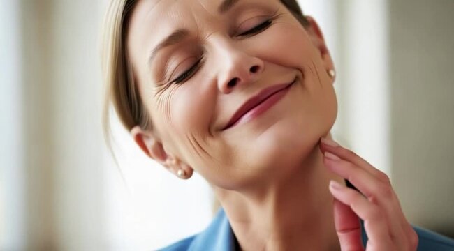 Close de Mulher de Meia-Idade Sorridente Demonstrando Amor-Pr&oacute;prio e Felicidade