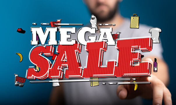 Dynamic mega sale concept. Shop sale offers, discounts promotion, and great deals shopping with cart and sale text. Hand gesture with sale text - Powered by Adobe