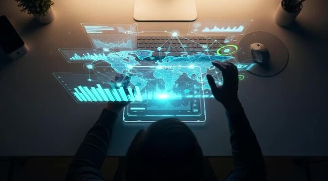 Profissional Analisando Mapa Global Hologr&aacute;fico em Mesa Digital