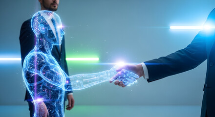 Businessmen shaking hands with a digital human, representing artificial intelligence