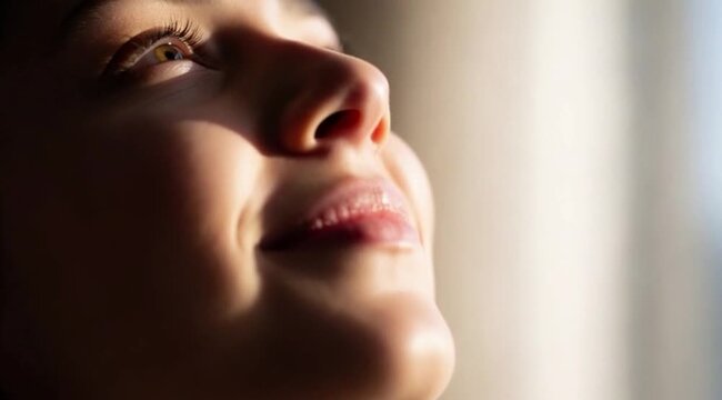 Close-up de Mulher Sorridente Olhando para Cima com Express&atilde;o de Felicidade e Gratid&atilde;o