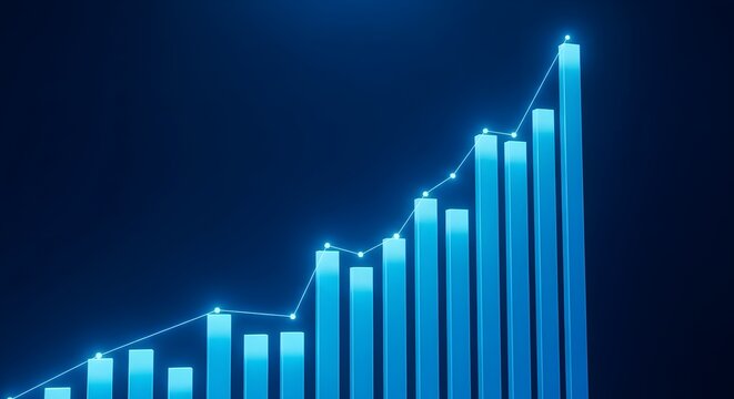 Glowing blue bar graph showing upward trend and growth with a dotted line chart on dark background - Powered by Adobe