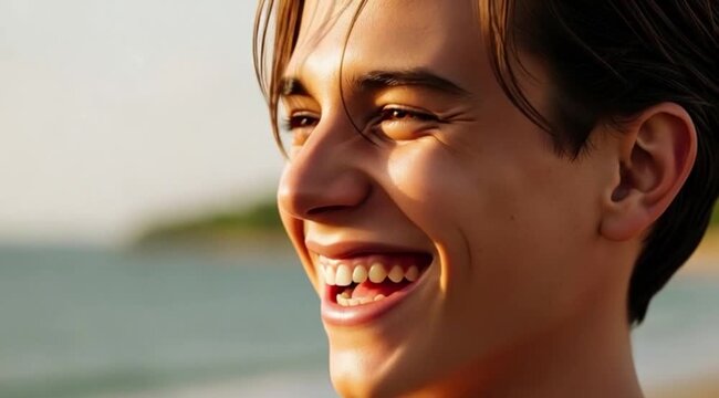 Rosto de Jovem Sorridente na Praia sob Luz Natural