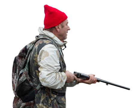 A hunter with a gun in camouflage clothing. A senior man with a gun, medium shot, searching for game. - Powered by Adobe