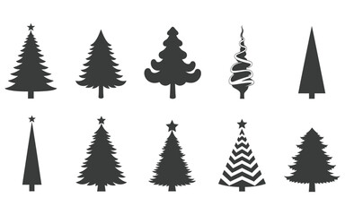 Collection of ten stylized dark grey christmas trees in silhouette with varied designs and shapes
