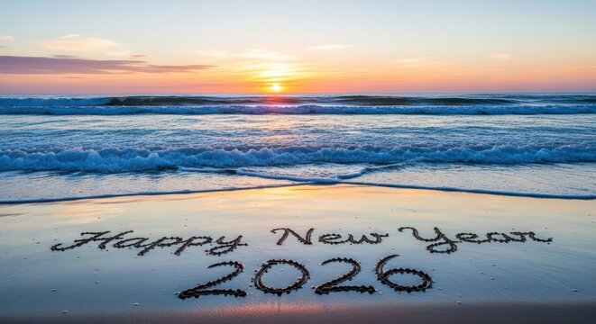 Happy new year 2026 written on the beach sand at sunset with ocean waves