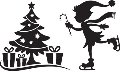 Christmas scene silhouette with ice skating elf and decorated tree. Winter holiday vector illustration with Santa's helper gift boxes and stars. Festive design element