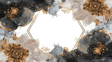 Hexagonal Watercolor Frame with Metallic Pigments, Charcoal, Bronze, Gold, Silver Grunge, and Floral Halo Effects