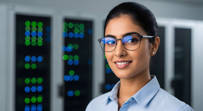 Smiling it engineer woman in glasses standing in data center with server racks