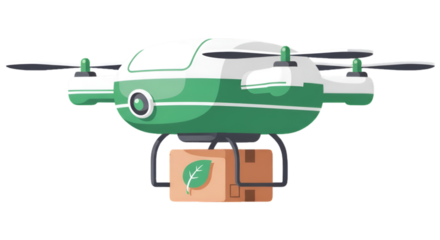 Illustrated green and white drone delivers an environmentally friendly package through the air.