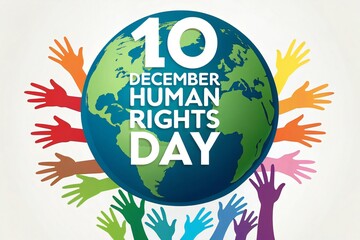 Colorful hands reach up around a globe celebrating Human Rights Day on December 10th.