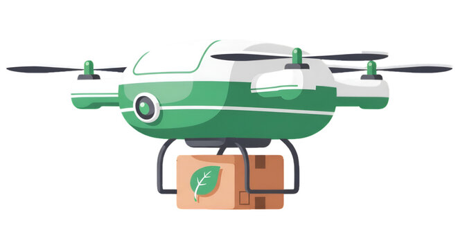 Illustrated green and white drone delivers an environmentally friendly package through the air.