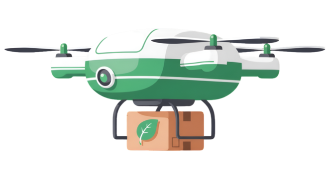 Illustrated green and white drone delivers an environmentally friendly package through the air.